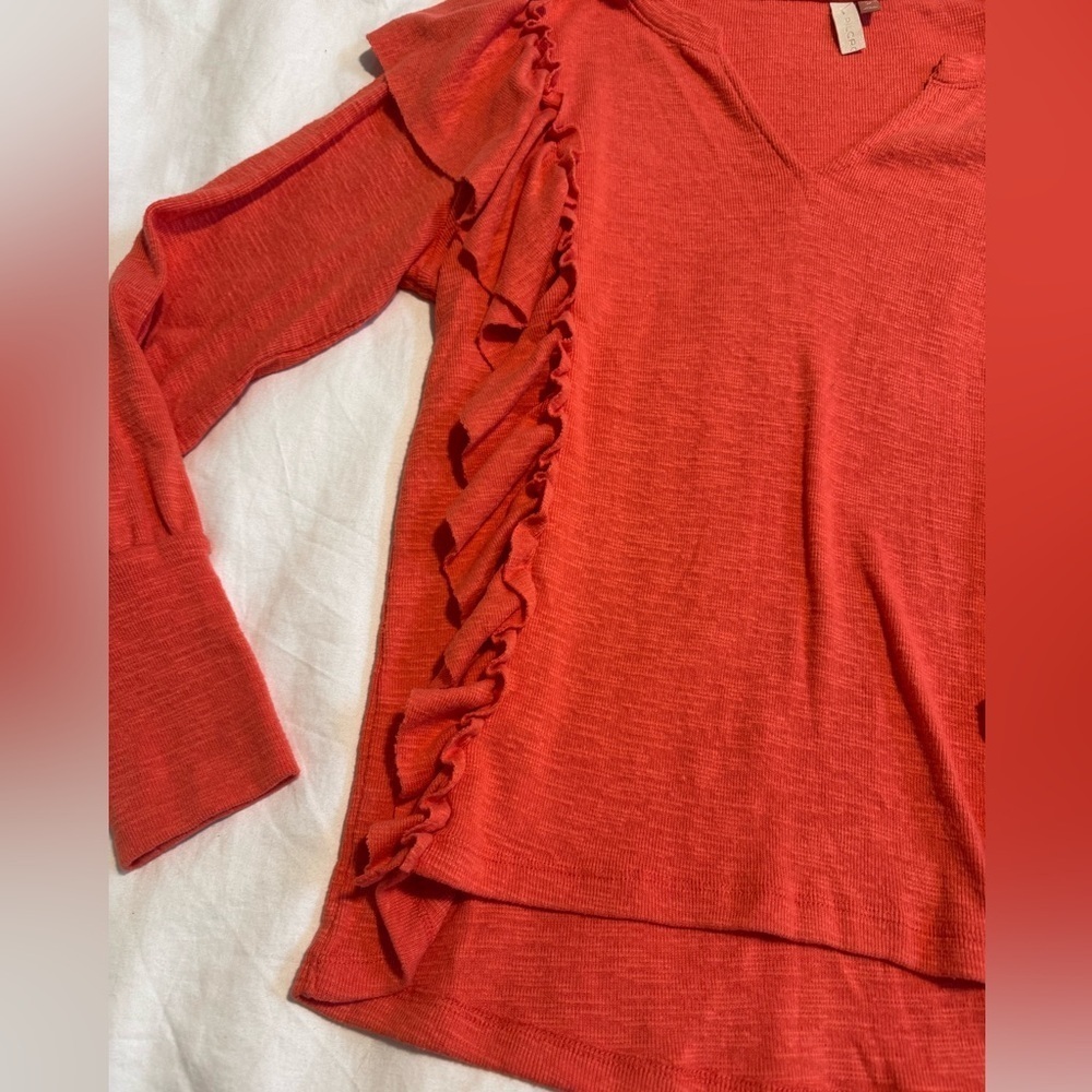 Anthropologie Pilcro Cozy Popover Coral Red Top Size M Ruffle - Picture 4 of 13